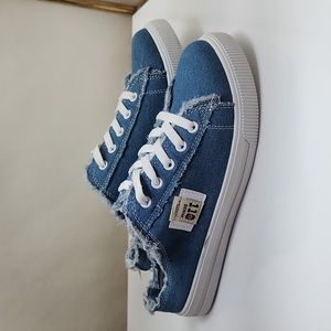 NEW never worn. Canvas Sneakers, Blue Denim Mule Slides, Raw edge trim. 8 1/2